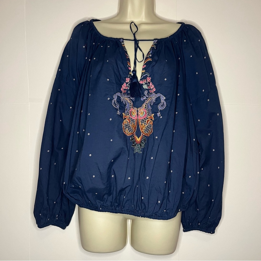 FREE PEOPLE Embroidered Lightweight Boho Hippie Bohemian Dark Blue Blouse M